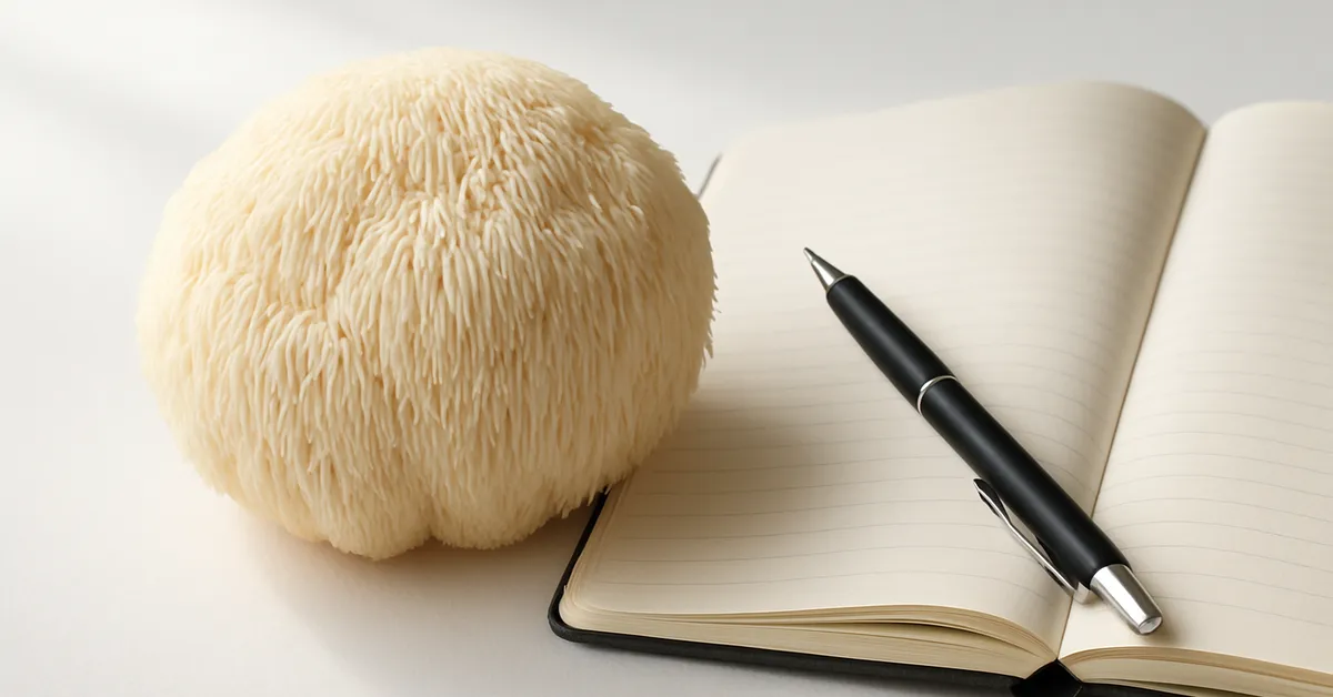 Lion's mane mushroom beside a notebook representing focus and cognitive clarity for ADHD support