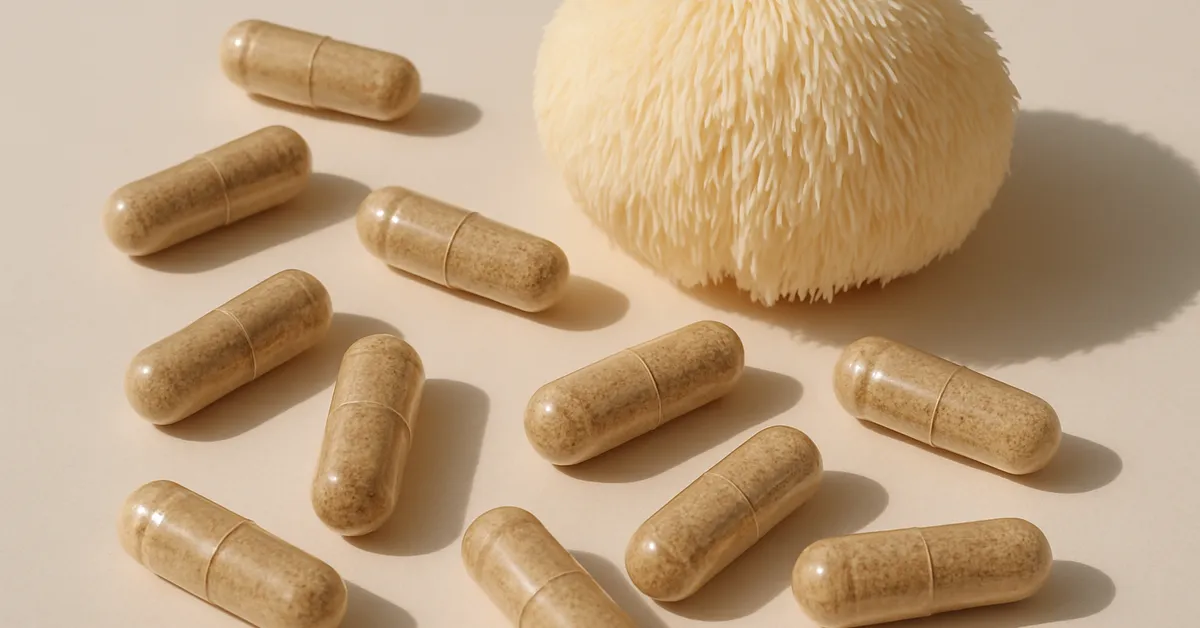 Lion's mane mushroom capsules on pastel background representing supplement safety during pregnancy