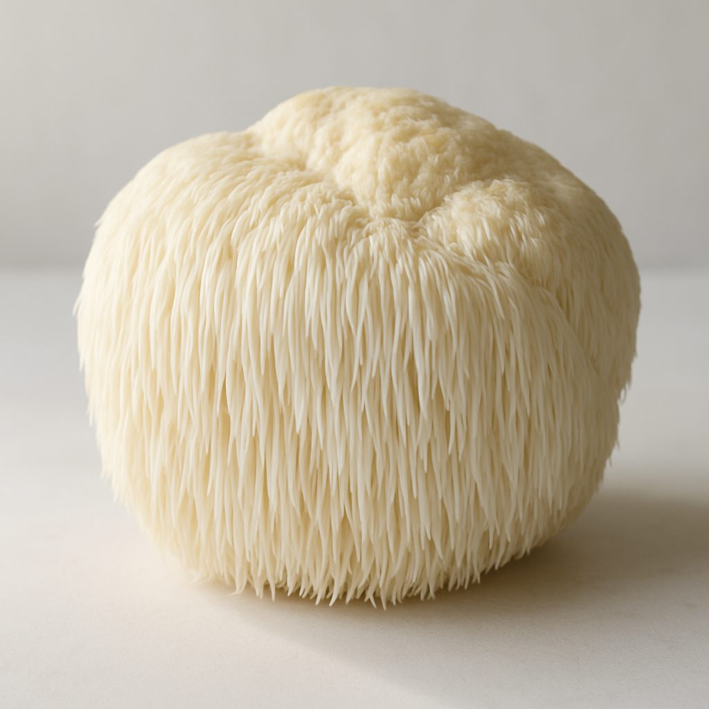 Fresh lion's mane mushroom showing its distinctive white spines
